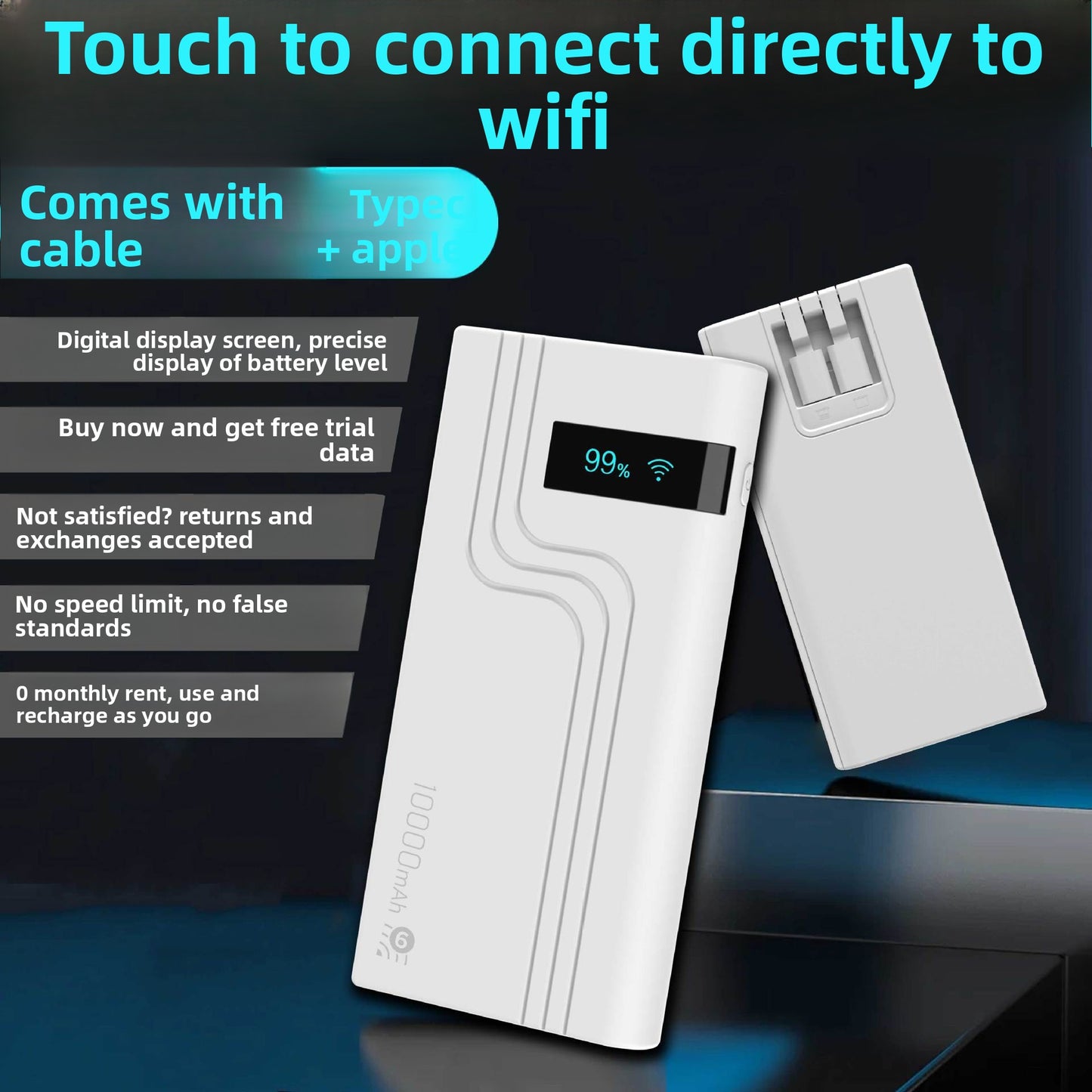Portable WiFi Router with Power Bank and Built-in Cable